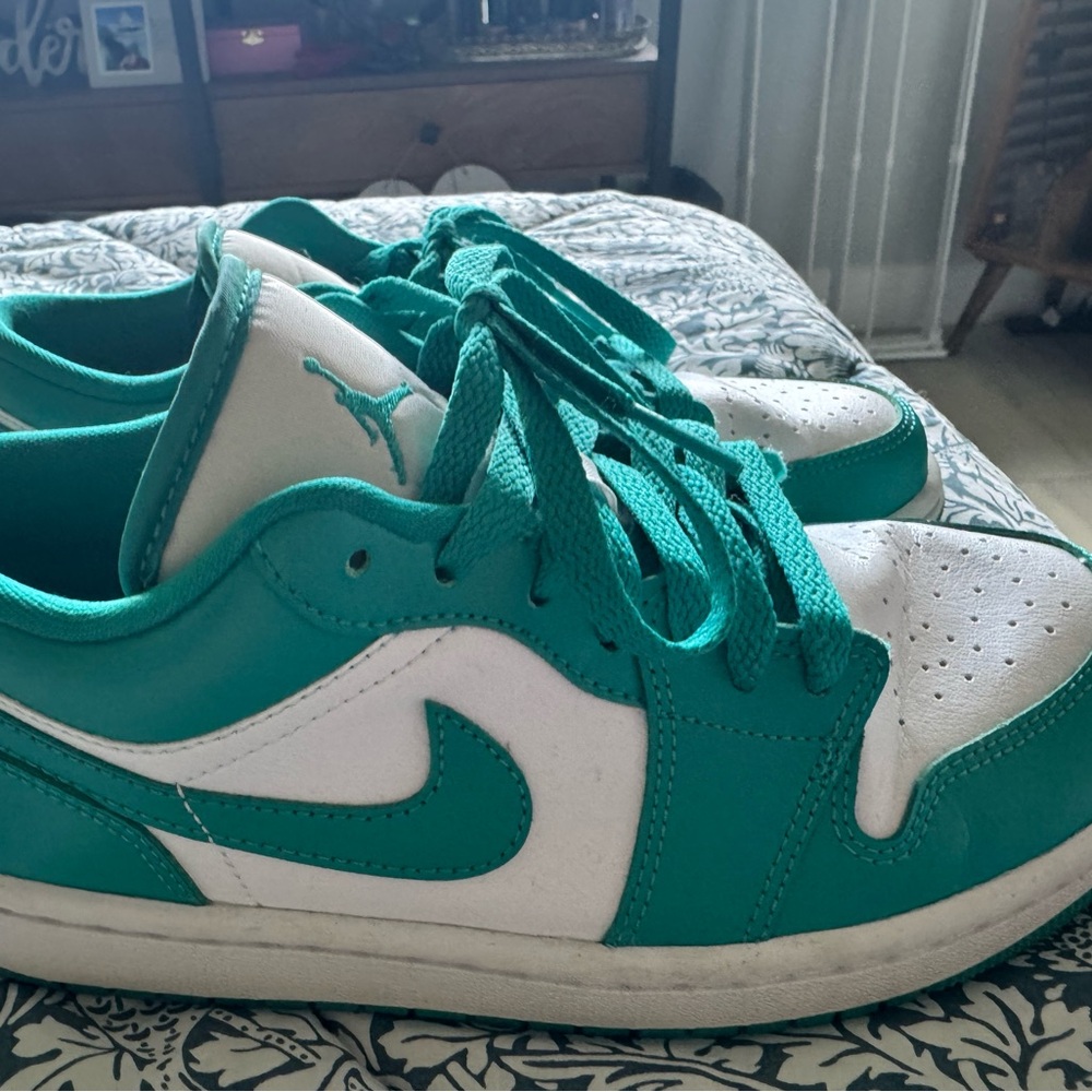 Teal/Emerald and White Jordan Lows, size 7